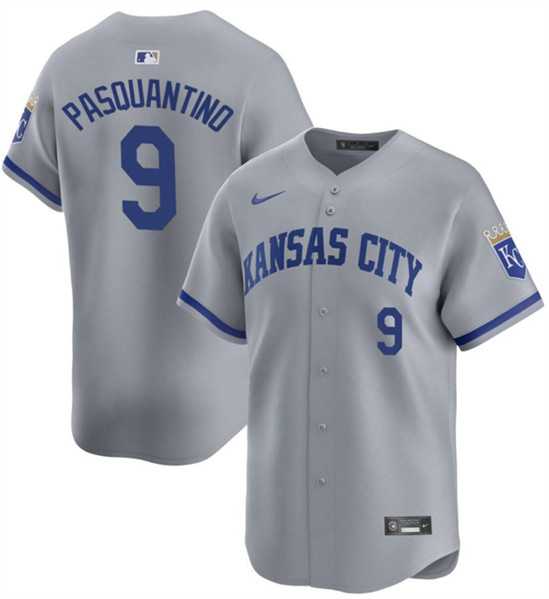 Mens Kansas City Royals #9 Vinnie Pasquantino Gray 2024 Away Limited Stitched Baseball Jersey Dzhi